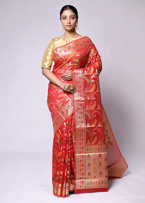 Red Kora Silk Saree With Blouse Piece