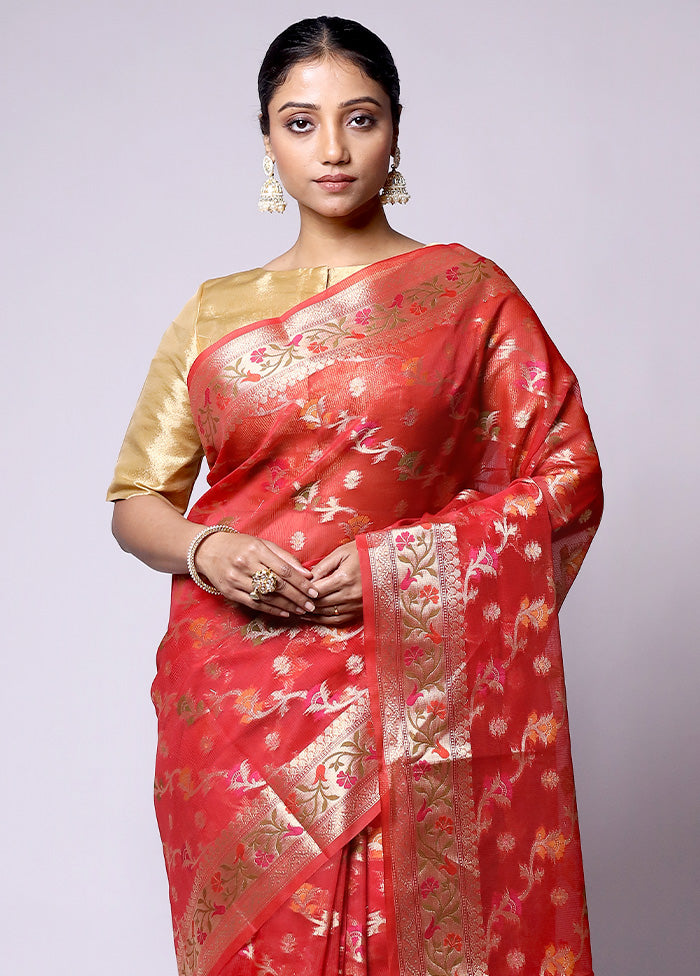 Red Kora Silk Saree With Blouse Piece