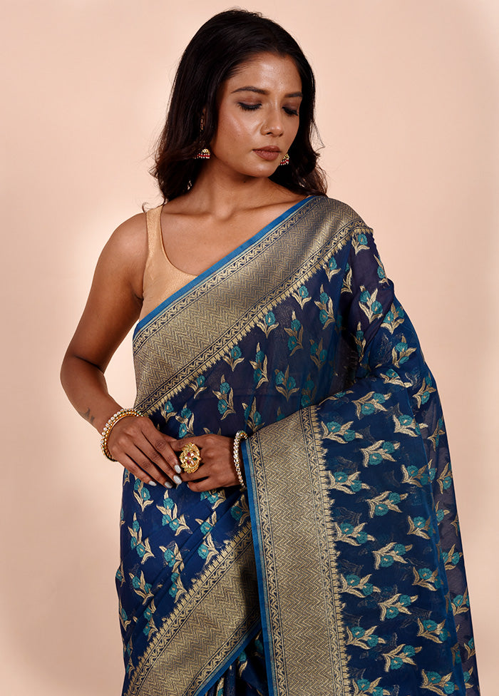 Blue Kora Silk Saree With Blouse Piece