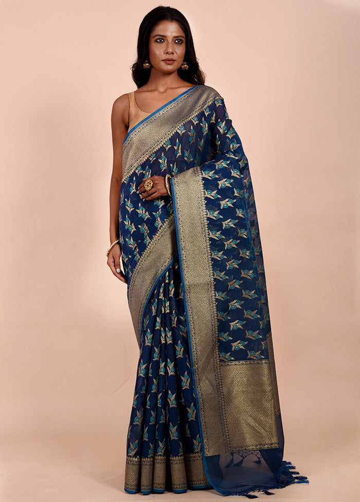 Blue Kora Silk Saree With Blouse Piece