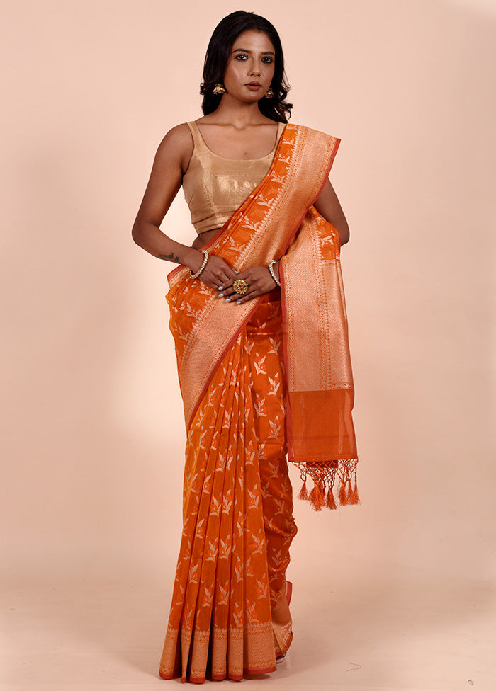 Orange Kora Silk Saree With Blouse Piece