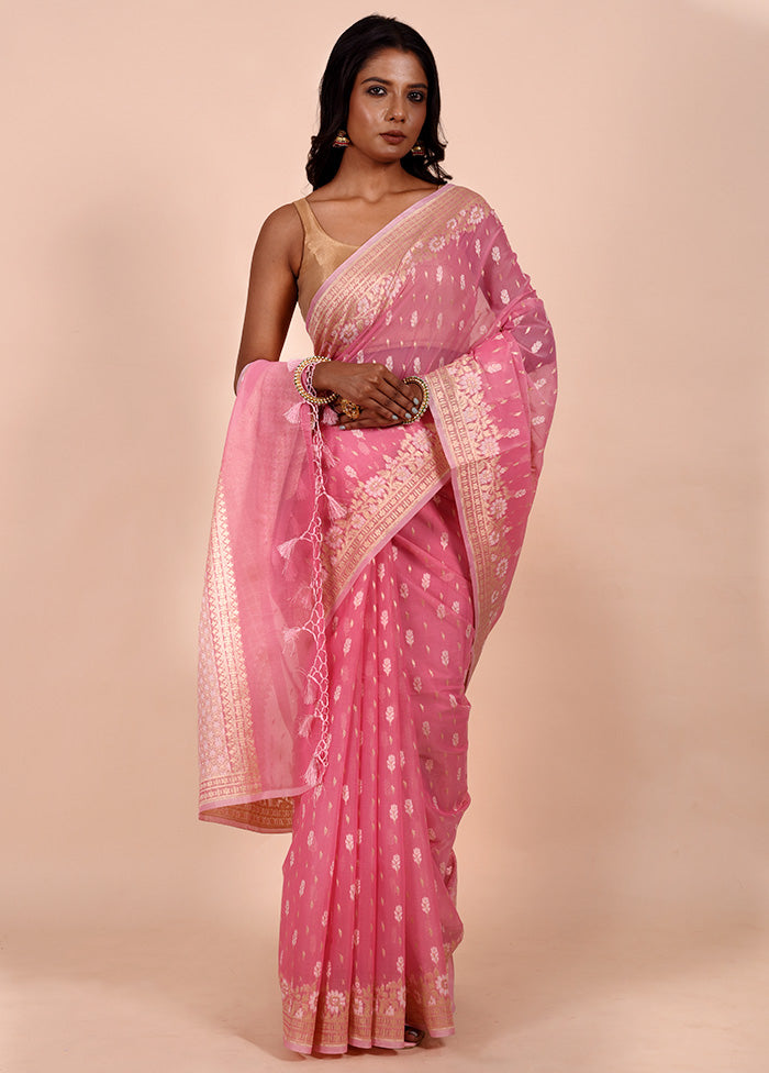 Pink Kora Silk Saree With Blouse Piece