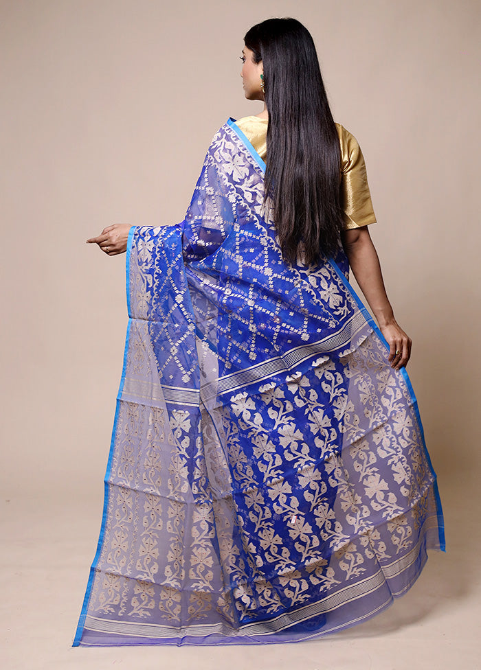 Blue Pure Tant Jamdani Saree Without Blouse Piece