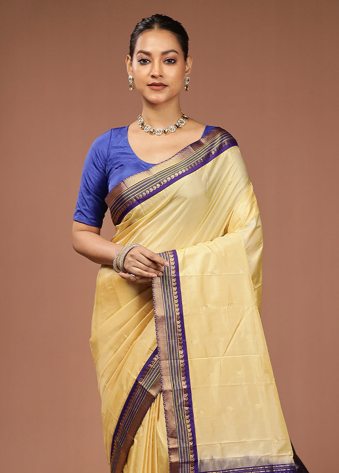 Cream Kanjivaram Silk Saree With Blouse Piece