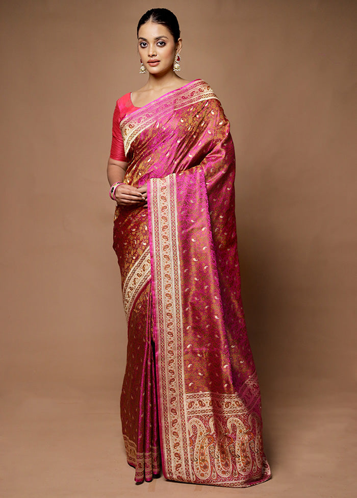 Pink Handloom Tanchoi Pure Silk Saree With Blouse Piece