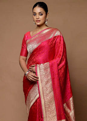 Pink Handloom Tanchoi Pure Silk Saree With Blouse Piece