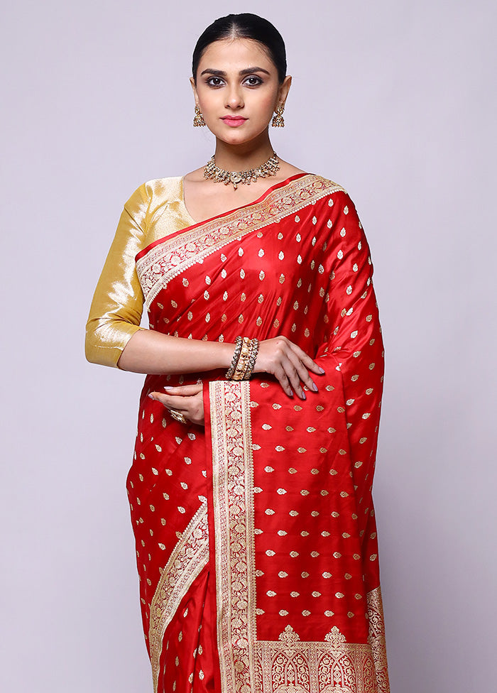 Red Handloom Banarasi Pure Silk Saree With Blouse Piece