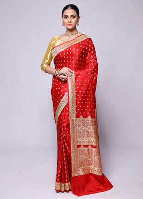 Red Handloom Banarasi Pure Silk Saree With Blouse Piece