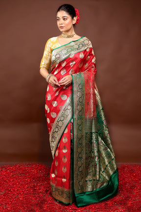 Red Handloom Banarasi Pure Silk Saree With Blouse Piece