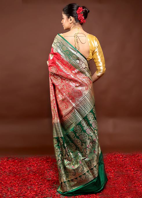 Red Handloom Banarasi Pure Silk Saree With Blouse Piece