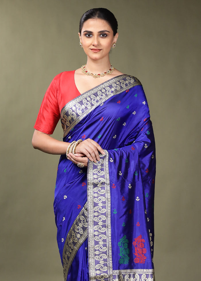 Blue Handloom Assam Pure Silk Saree With Blouse Piece