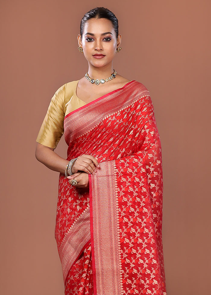 Red Kora Silk Saree With Blouse Piece