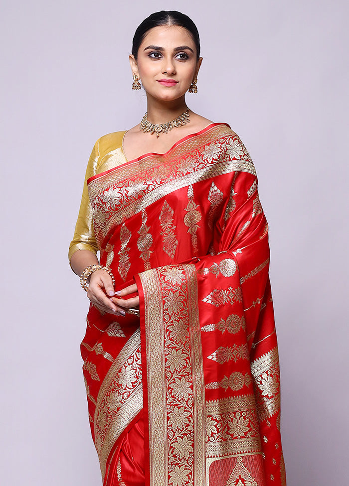 Red Banarasi Silk Saree With Blouse Piece