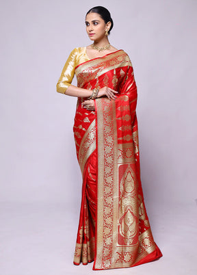 Red Banarasi Silk Saree With Blouse Piece