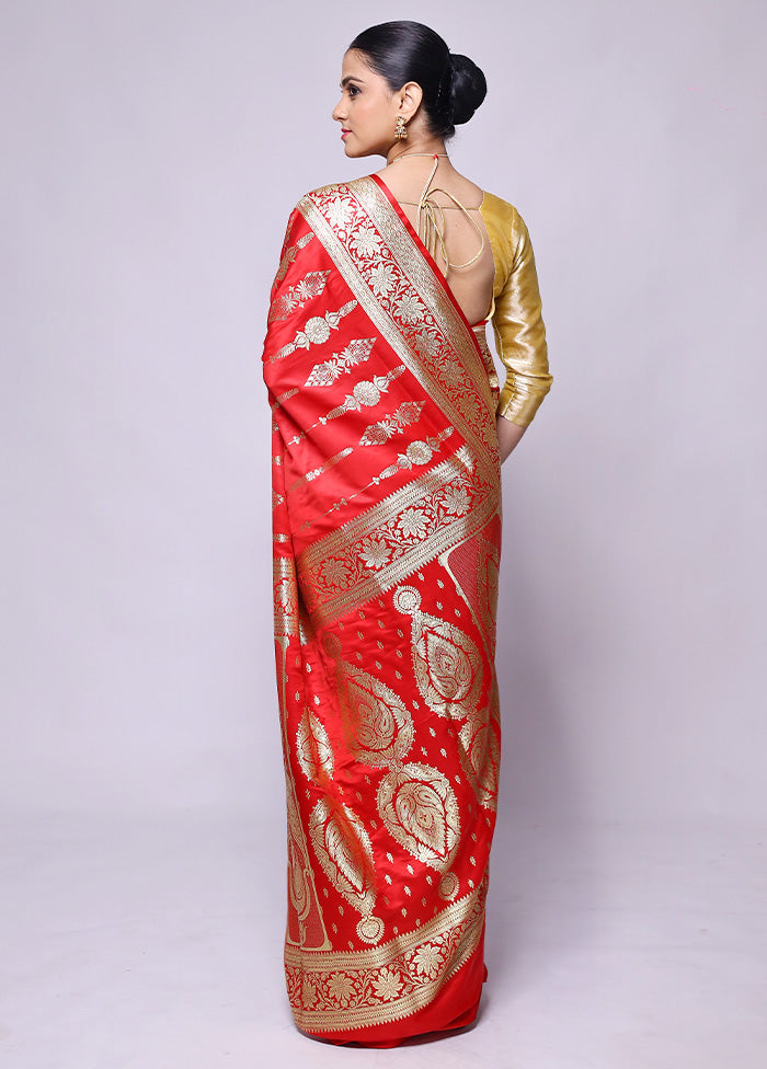 Red Banarasi Silk Saree With Blouse Piece