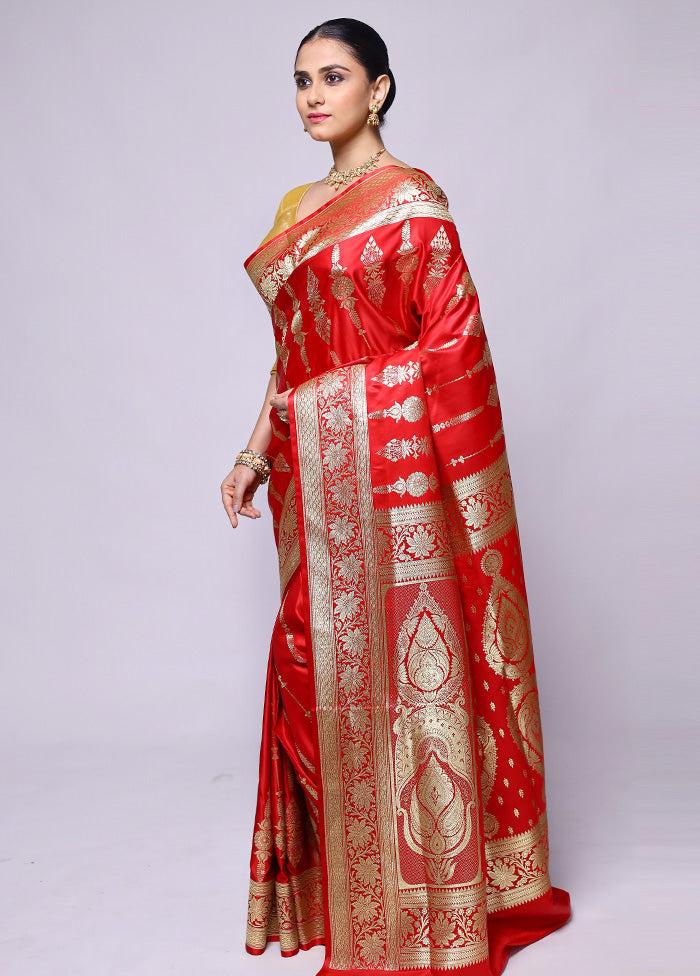 Red Banarasi Silk Saree With Blouse Piece