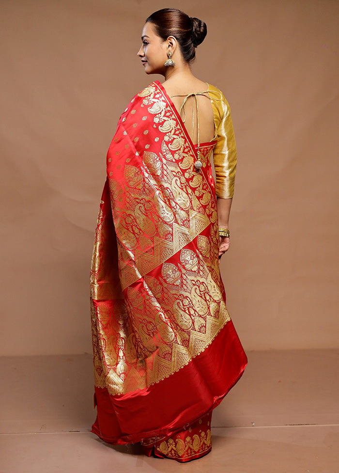 Red Handloom Banarasi Pure Silk Saree With Blouse Piece