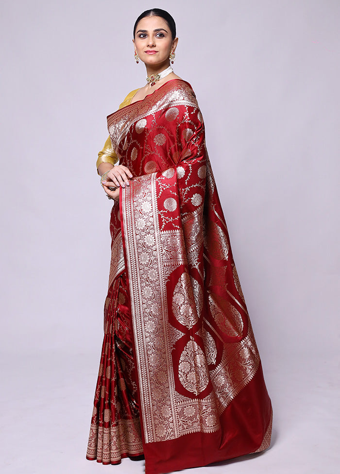 Maroon Banarasi Silk Saree With Blouse Piece