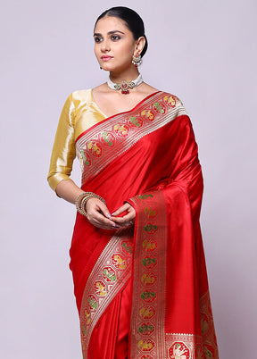 Red Handloom Banarasi Pure Silk Saree With Blouse Piece