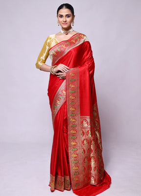 Red Handloom Banarasi Pure Silk Saree With Blouse Piece