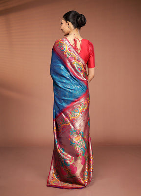 Blue Dupion Silk Saree With Blouse Piece