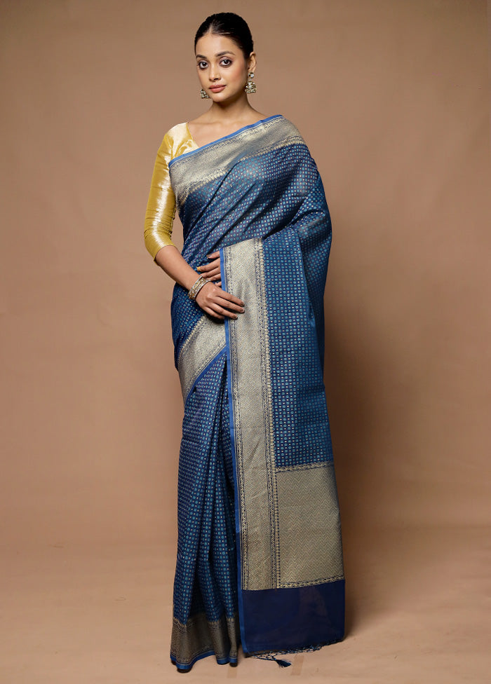 Blue Kora Silk Saree With Blouse Piece