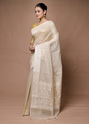 Cream Kora Silk Saree With Blouse Piece