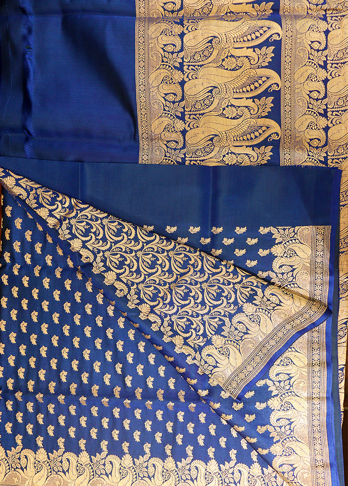 Blue Handloom Banarasi Pure Silk Saree With Blouse Piece