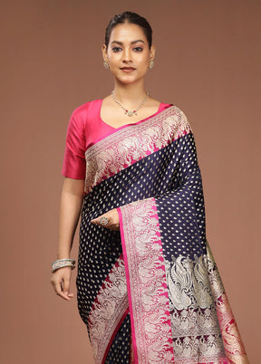 Blue Handloom Banarasi Pure Silk Saree With Blouse Piece