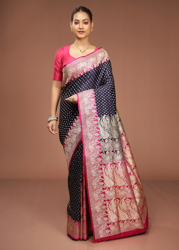 Blue Handloom Banarasi Pure Silk Saree With Blouse Piece