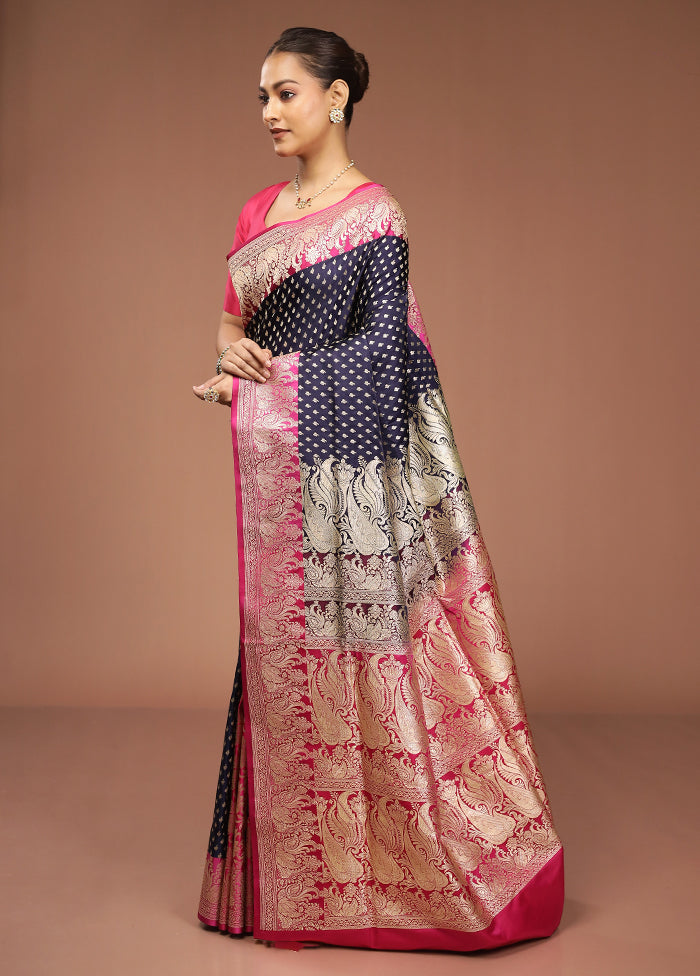 Blue Handloom Banarasi Pure Silk Saree With Blouse Piece