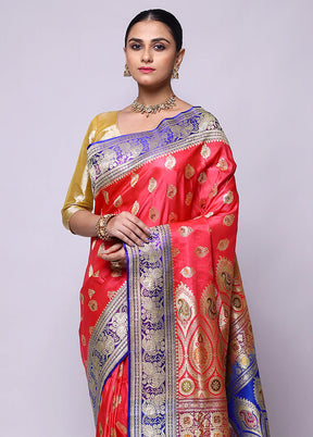 Pink Handloom Banarasi Pure Silk Saree With Blouse Piece