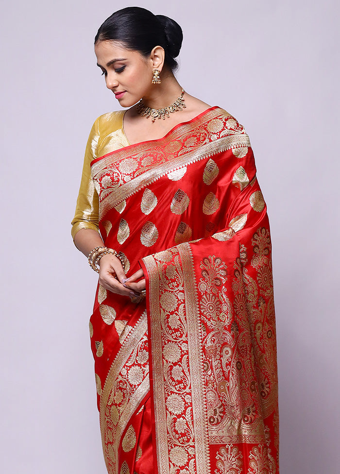 Red Handloom Banarasi Pure Silk Saree With Blouse Piece