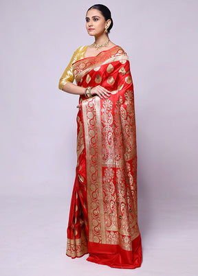 Red Handloom Banarasi Pure Silk Saree With Blouse Piece