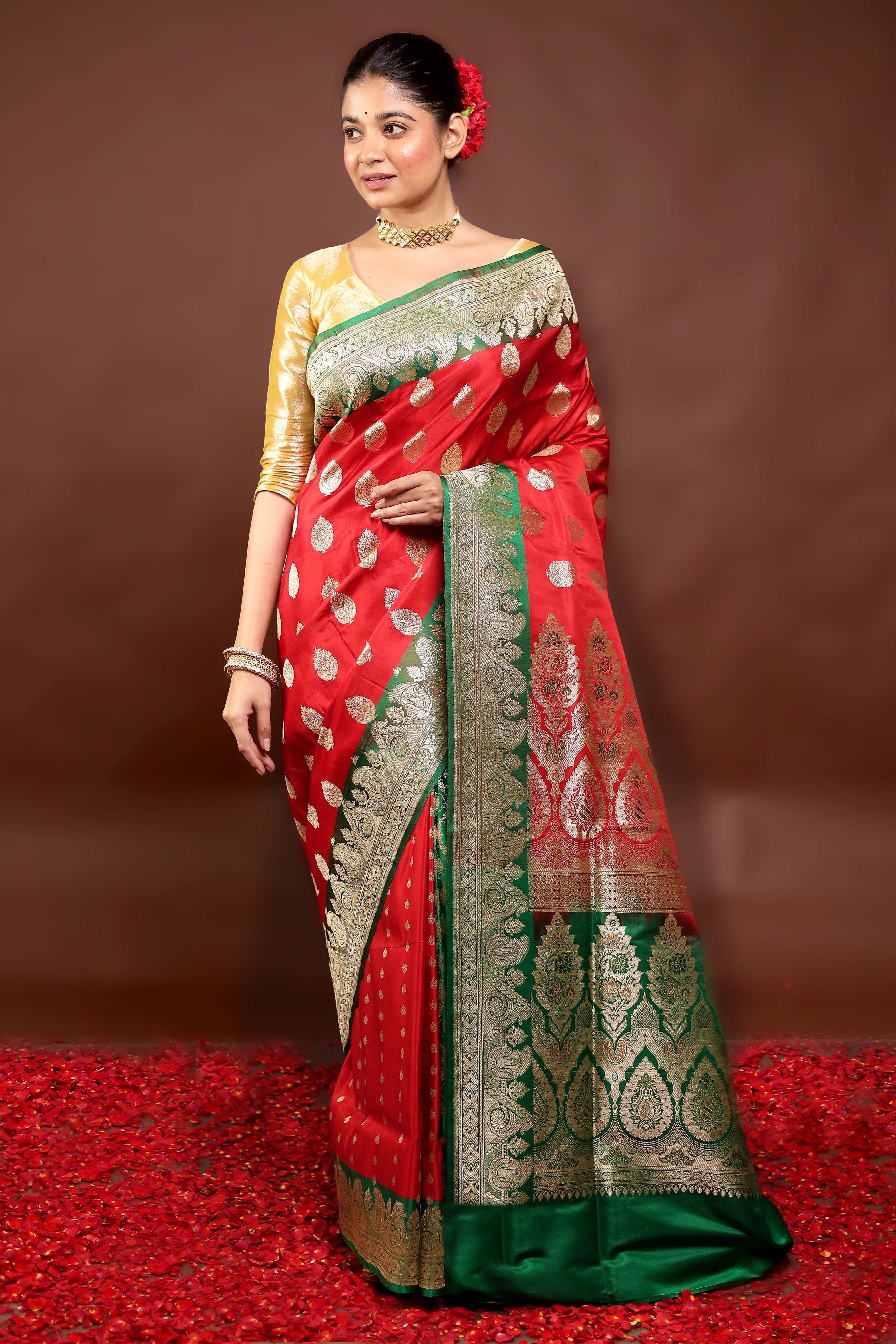 Red Handloom Banarasi Pure Silk Saree With Blouse Piece