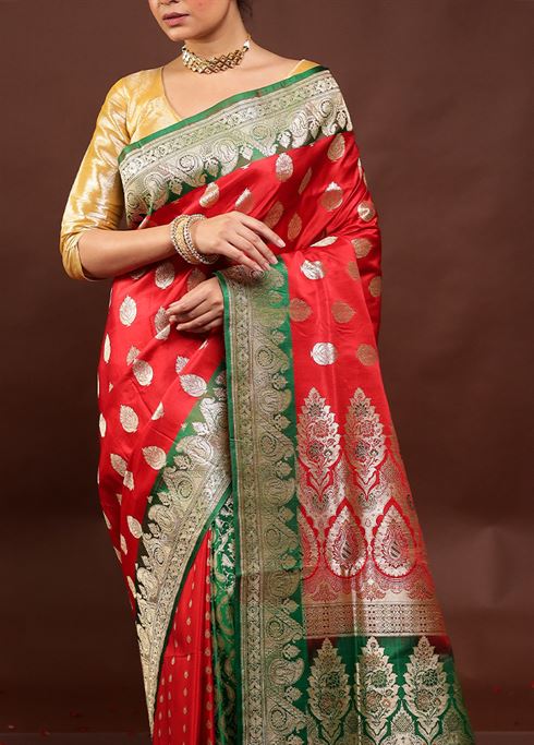 Red Handloom Banarasi Pure Silk Saree With Blouse Piece