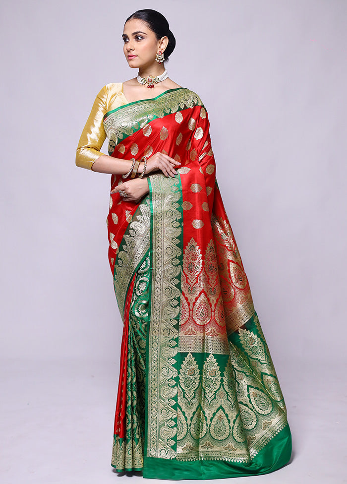 Red Handloom Banarasi Pure Silk Saree With Blouse Piece