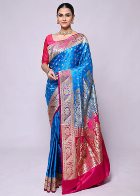 Blue Handloom Banarasi Pure Silk Saree With Blouse Piece