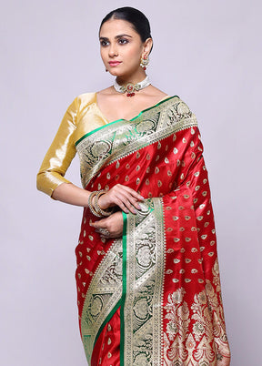 Red Handloom Banarasi Pure Silk Saree With Blouse Piece