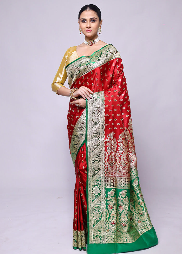 Red Handloom Banarasi Pure Silk Saree With Blouse Piece