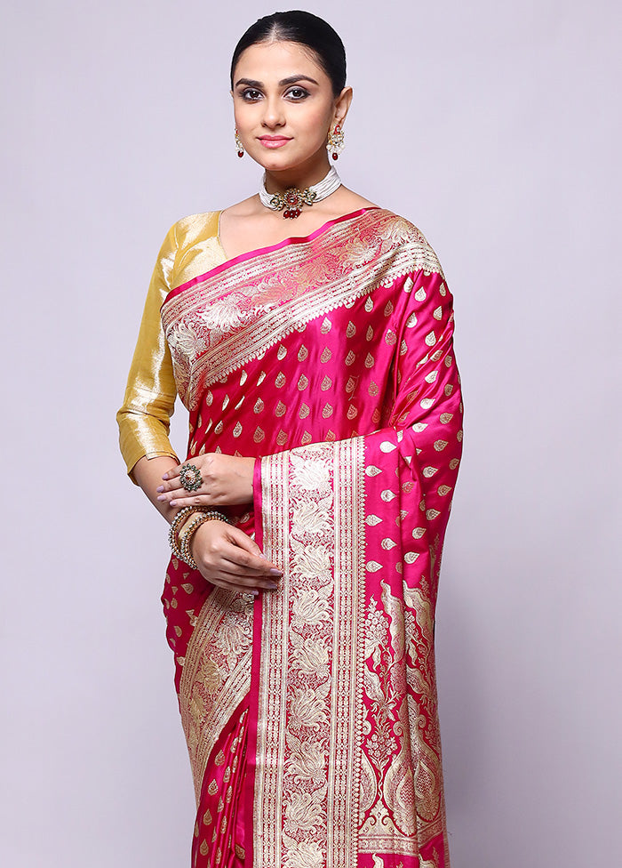 Pink Handloom Banarasi Pure Silk Saree With Blouse Piece