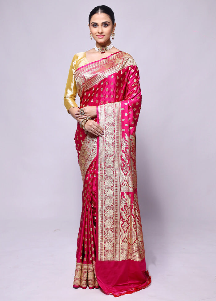 Pink Handloom Banarasi Pure Silk Saree With Blouse Piece