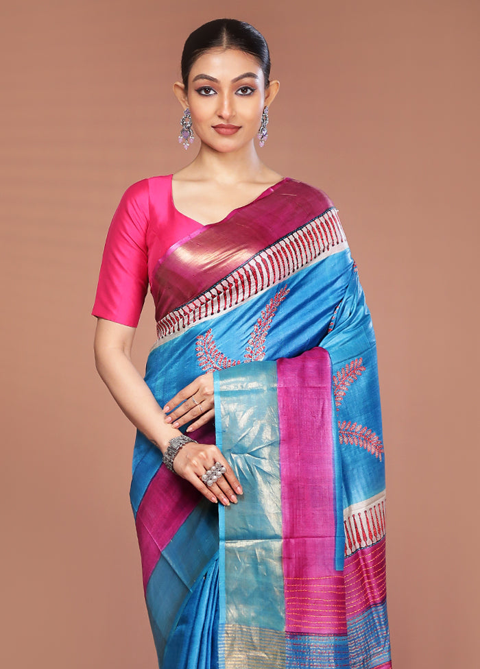 Blue Handloom Tussar Pure Silk Saree With Blouse Piece