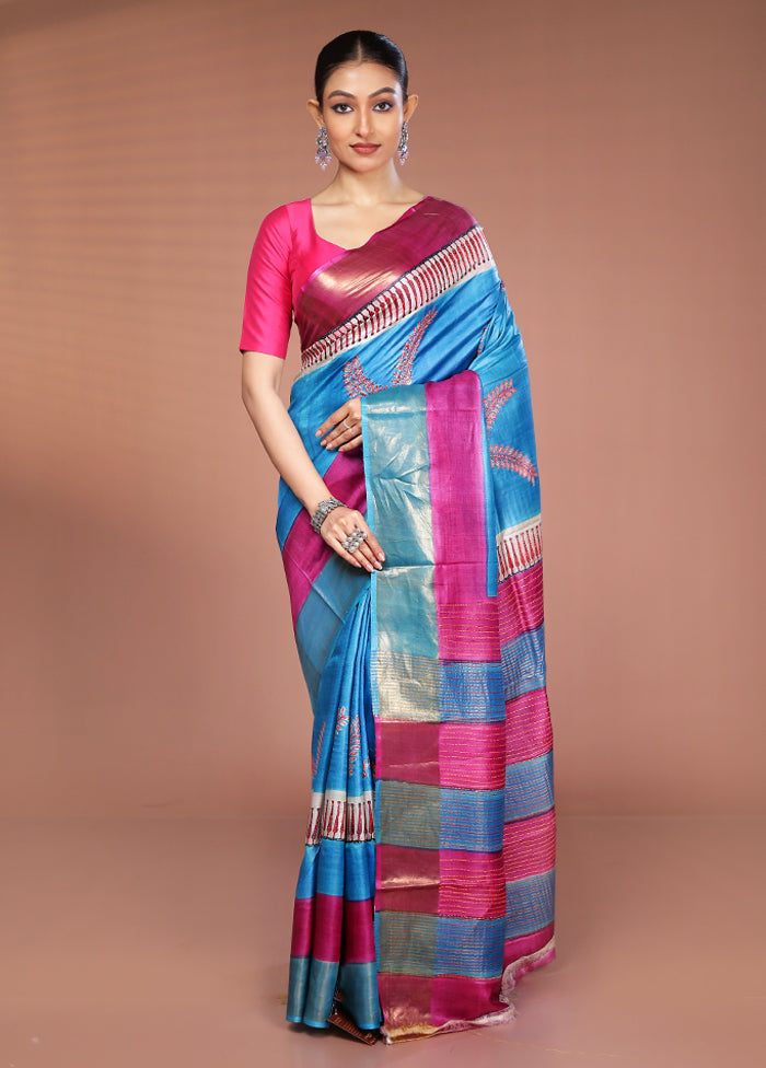 Blue Handloom Tussar Pure Silk Saree With Blouse Piece
