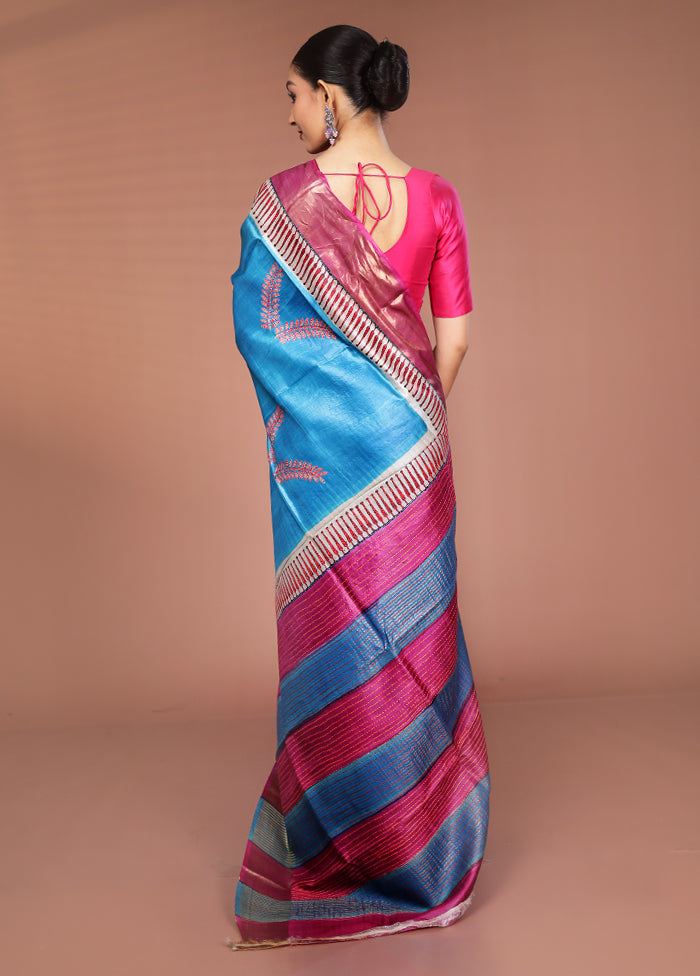 Blue Handloom Tussar Pure Silk Saree With Blouse Piece