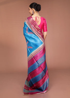 Blue Handloom Tussar Pure Silk Saree With Blouse Piece