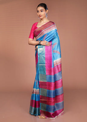 Blue Handloom Tussar Pure Silk Saree With Blouse Piece