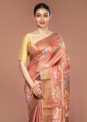Cream Handloom Tussar Pure Silk Saree With Blouse Piece
