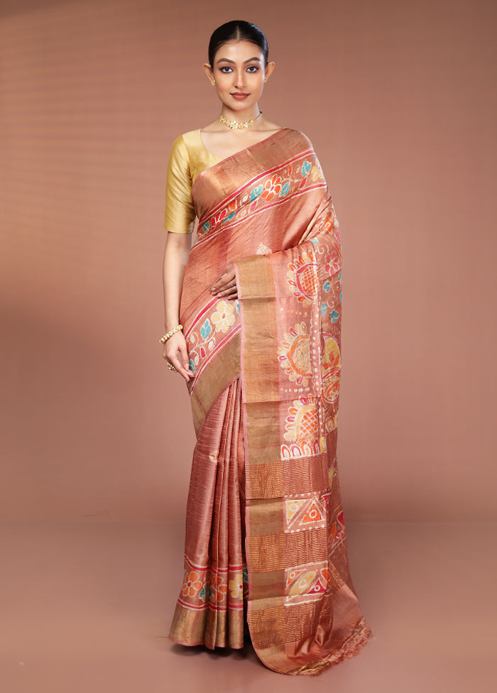 Cream Handloom Tussar Pure Silk Saree With Blouse Piece