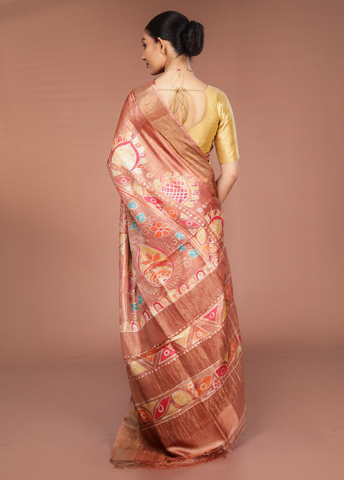 Cream Handloom Tussar Pure Silk Saree With Blouse Piece